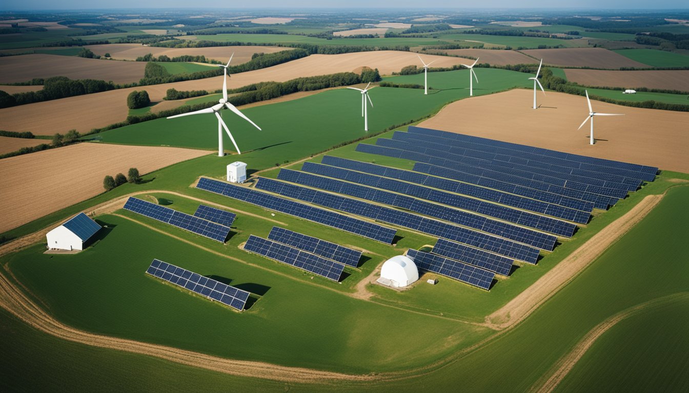 A rural UK farm with solar panels, wind turbines, and high-tech agricultural equipment integrated into the landscape