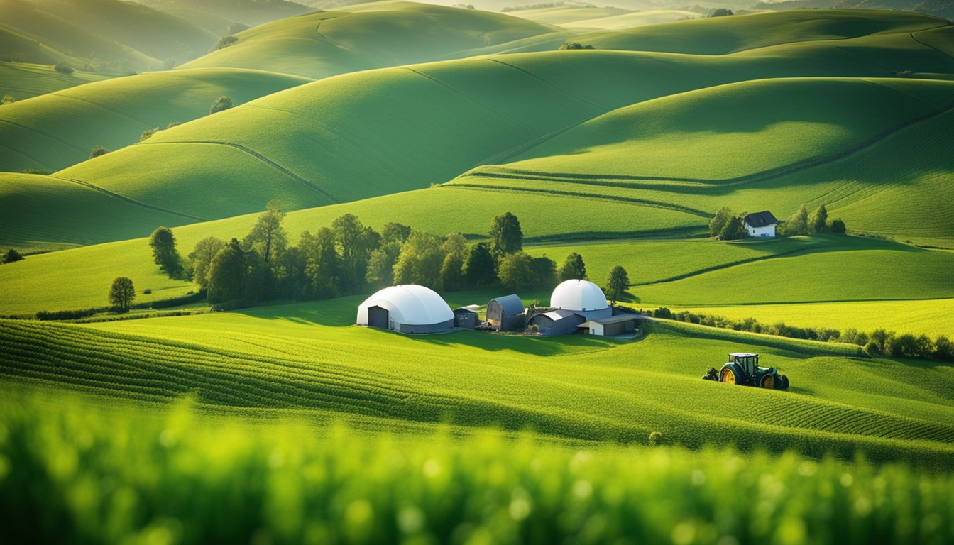 A picturesque rural landscape with rolling green fields, dotted with high-tech farming equipment and renewable energy sources