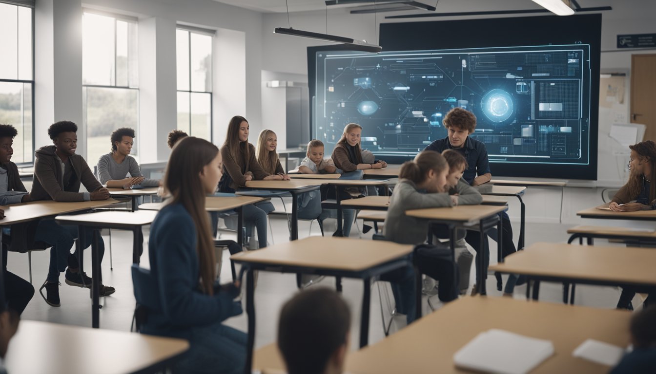 A futuristic AI-powered classroom in a rural UK setting, with students engaging in interactive learning activities using advanced technology