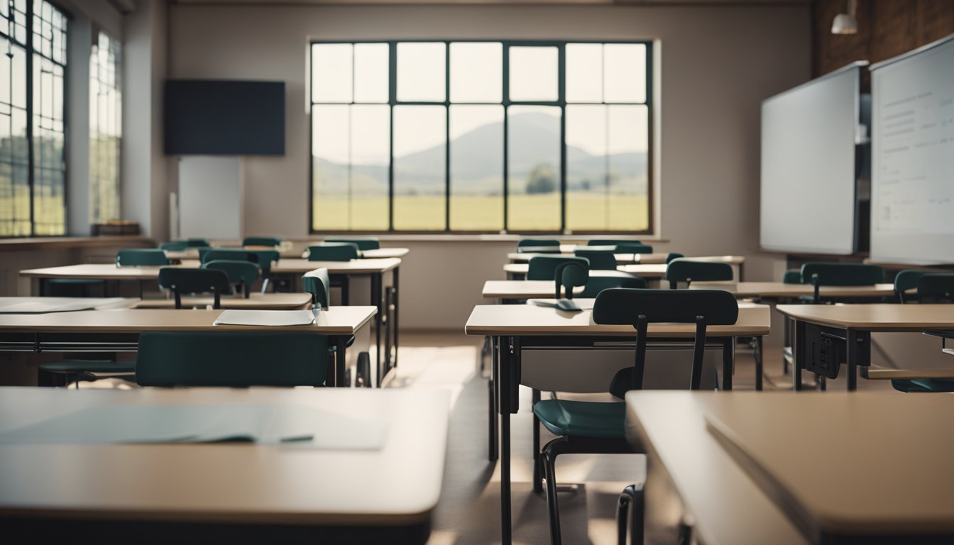 A rural classroom with AI technology integrated into the curriculum, showing both the challenges and safeguards in AI application for education