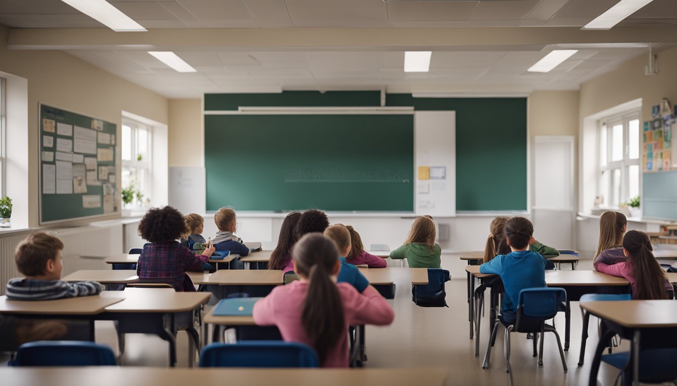 A rural school in the UK with AI technology integrated into the classroom, students engaging with interactive learning tools