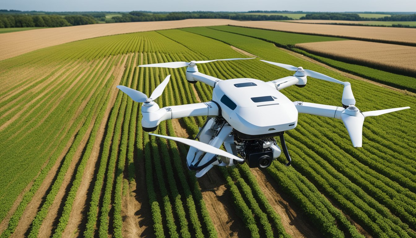 Robotic arms plant and harvest crops in a modernized UK farm, while drones monitor and analyze soil and crop health