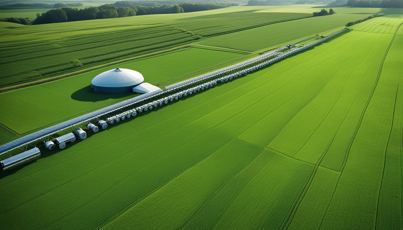 Lush green fields stretch into the distance, dotted with high-tech farming equipment and robotic machinery working in harmony. A futuristic AI-driven system oversees the entire operation, revolutionizing traditional agricultural practices in the UK