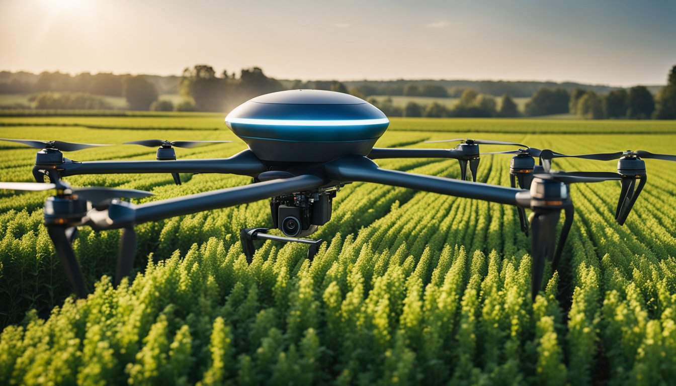 A futuristic farm with autonomous drones and AI-controlled machinery revolutionizing traditional agricultural practices in the UK