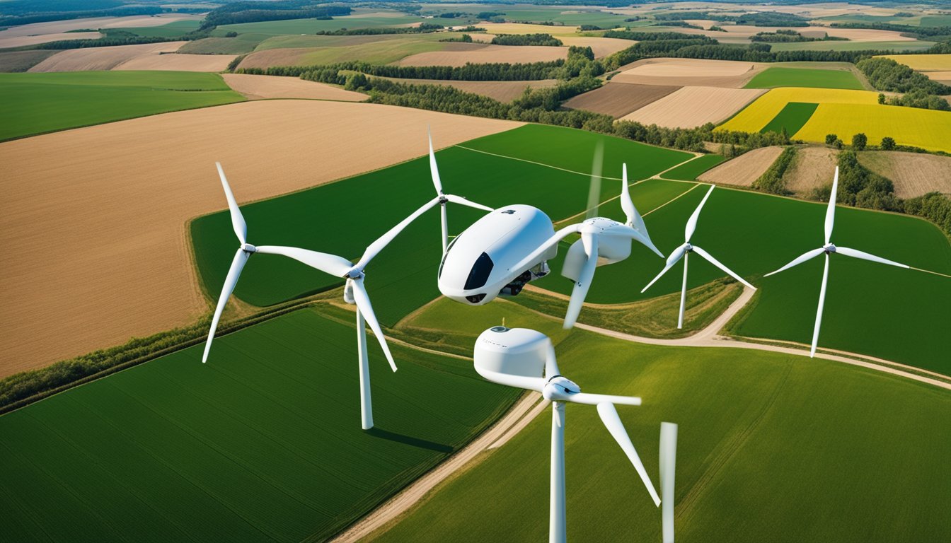 A rural landscape with rolling hills, farms, and wind turbines, with AI-powered drones surveying fields and smart sensors monitoring resource usage