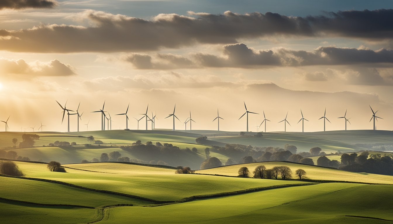 A rural UK landscape with rolling hills, wind turbines, and AI-powered machinery managing resources