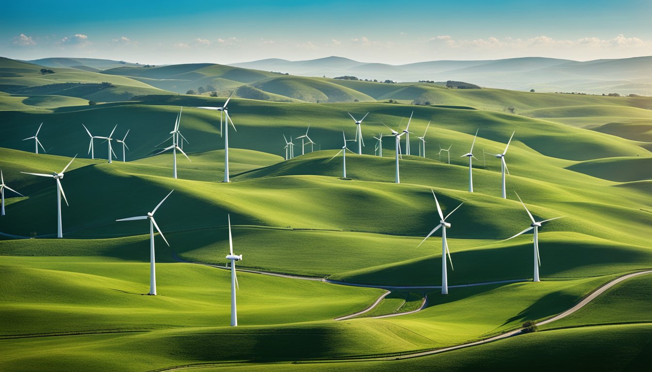 A wind farm on a green hillside, with turbines turning and a clear blue sky overhead