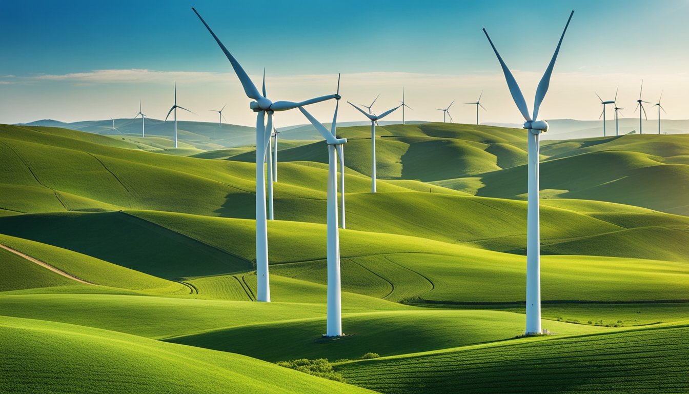 A wind turbine farm set against a backdrop of rolling green hills and a clear blue sky