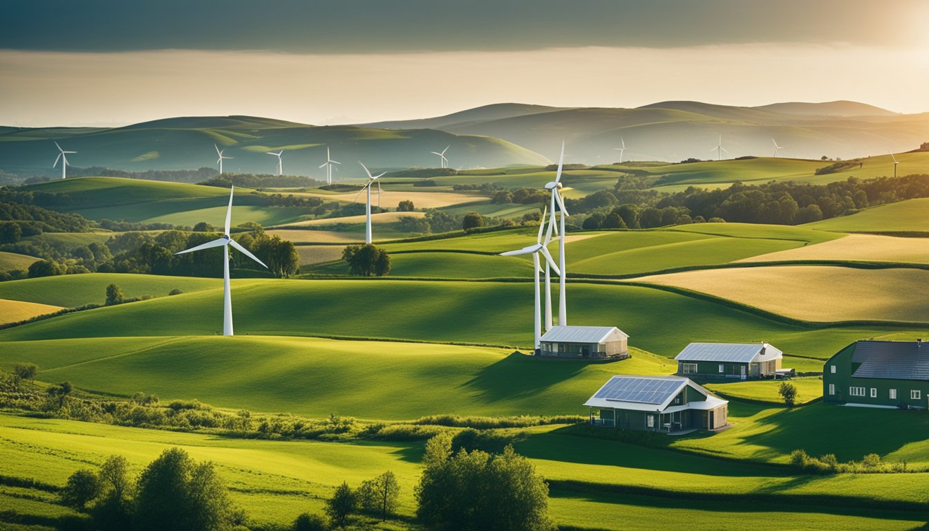 A picturesque countryside landscape with wind turbines, solar panels, and sustainable homes nestled among lush green fields and rolling hills