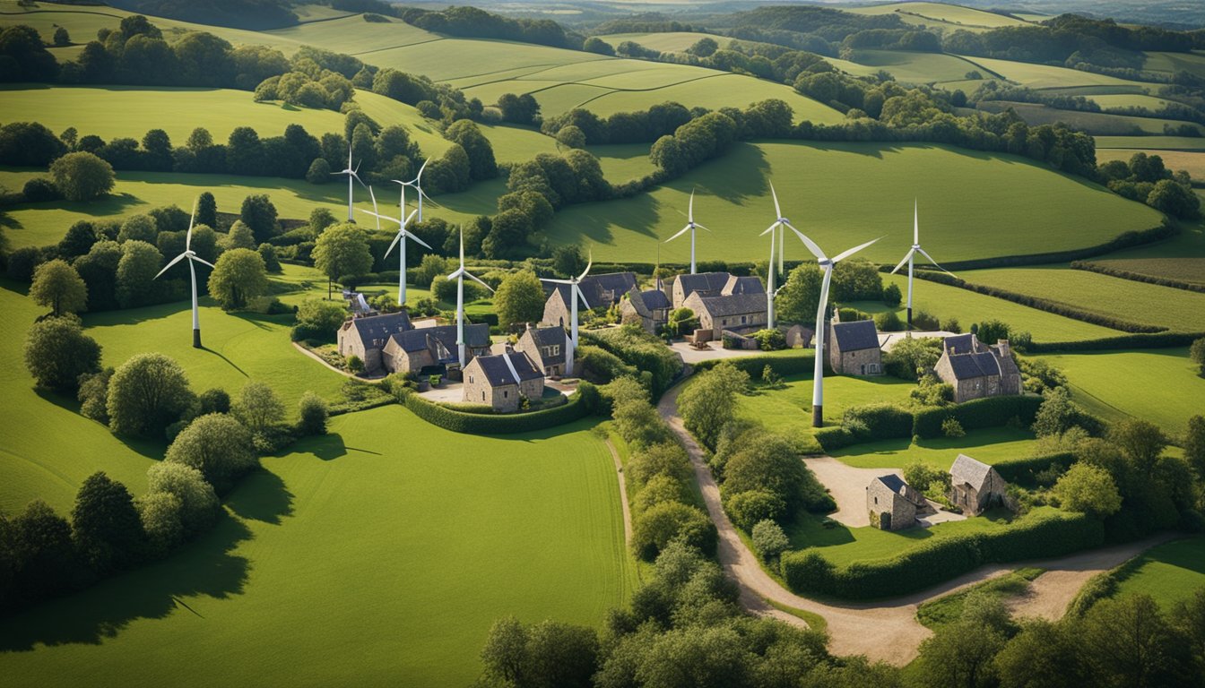 A quaint English village with modern green technologies integrated into traditional countryside architecture. Wind turbines and solar panels dot the landscape, blending seamlessly with the natural surroundings