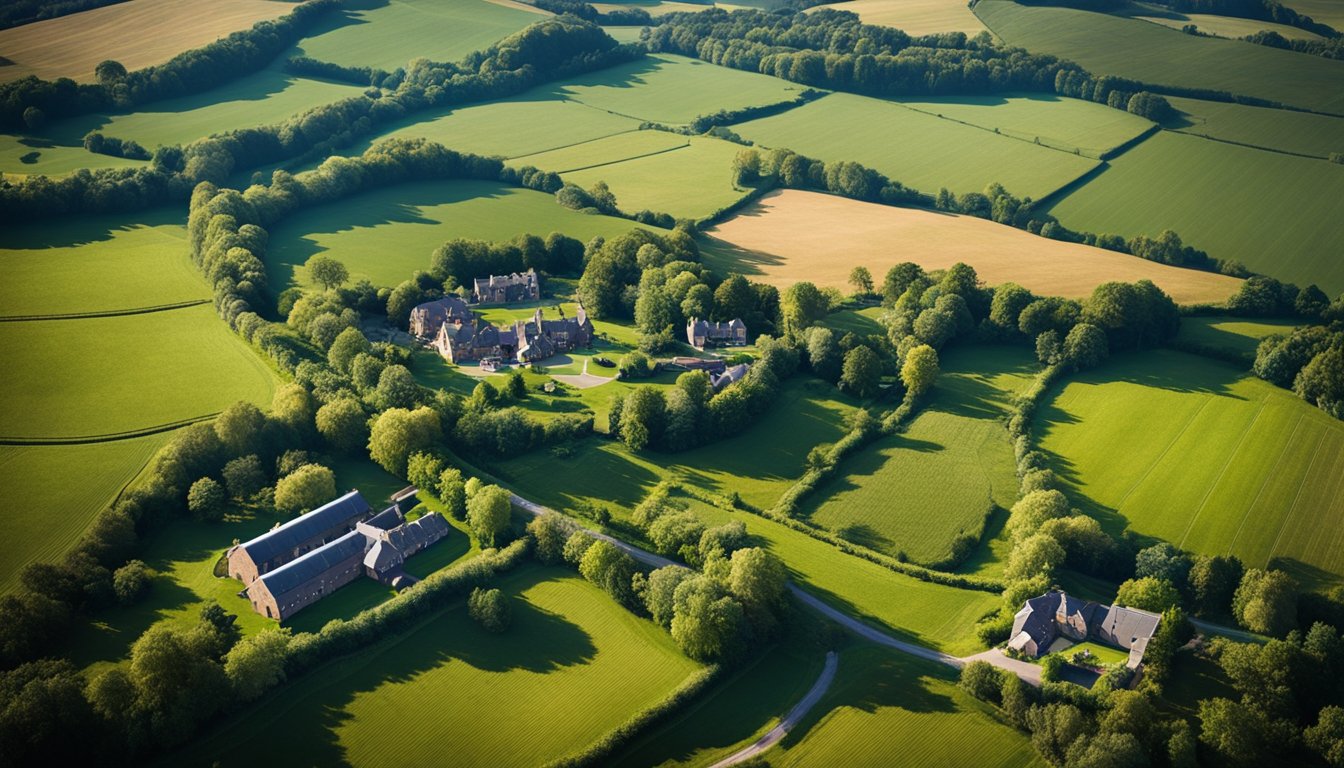 An aerial view of rural UK landscape with AI-powered infrastructure and internet connectivity innovations