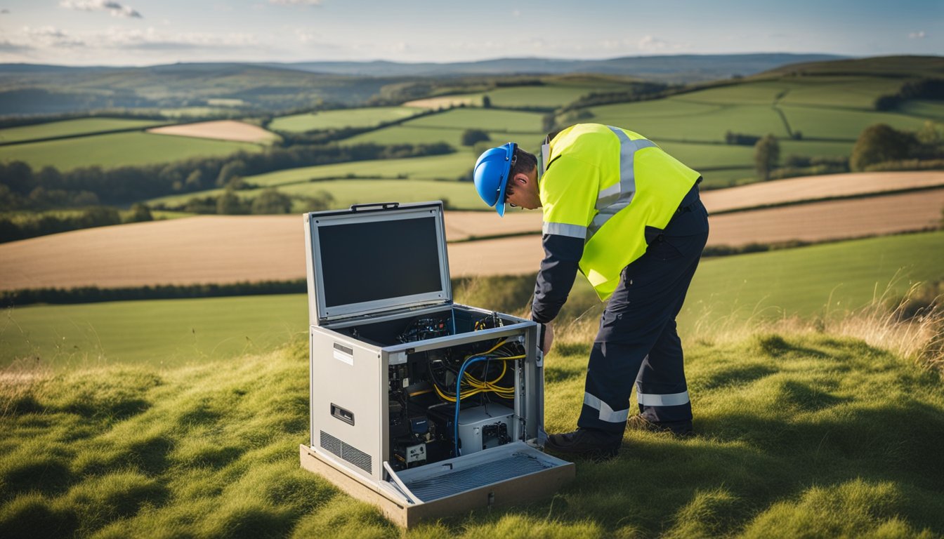 A technician installing advanced equipment on a rural UK landscape to improve internet speed and connectivity