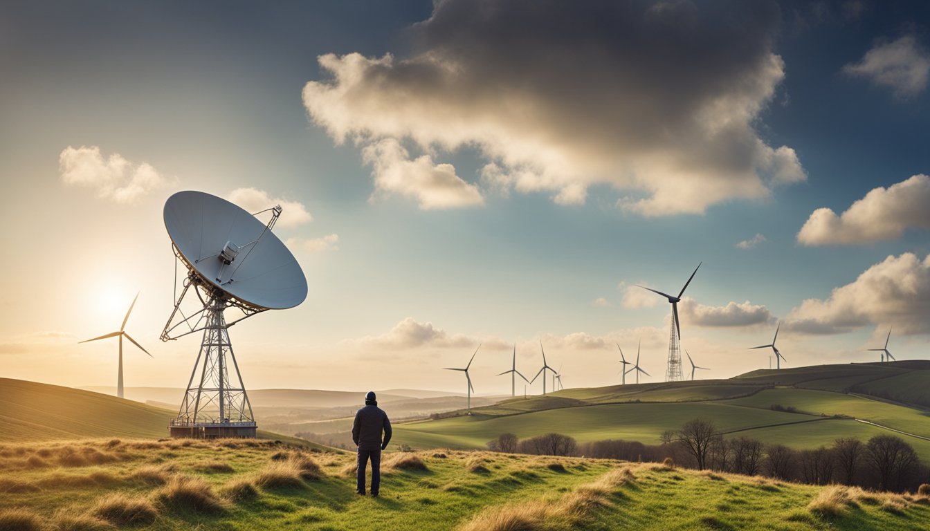 A rural UK landscape with a satellite dish, wind turbines, and a technician installing a high-speed internet tower