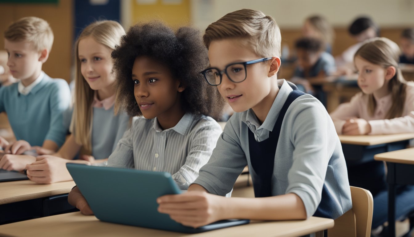 A rural UK school with students using digital devices in a classroom setting, with teachers guiding and assisting them