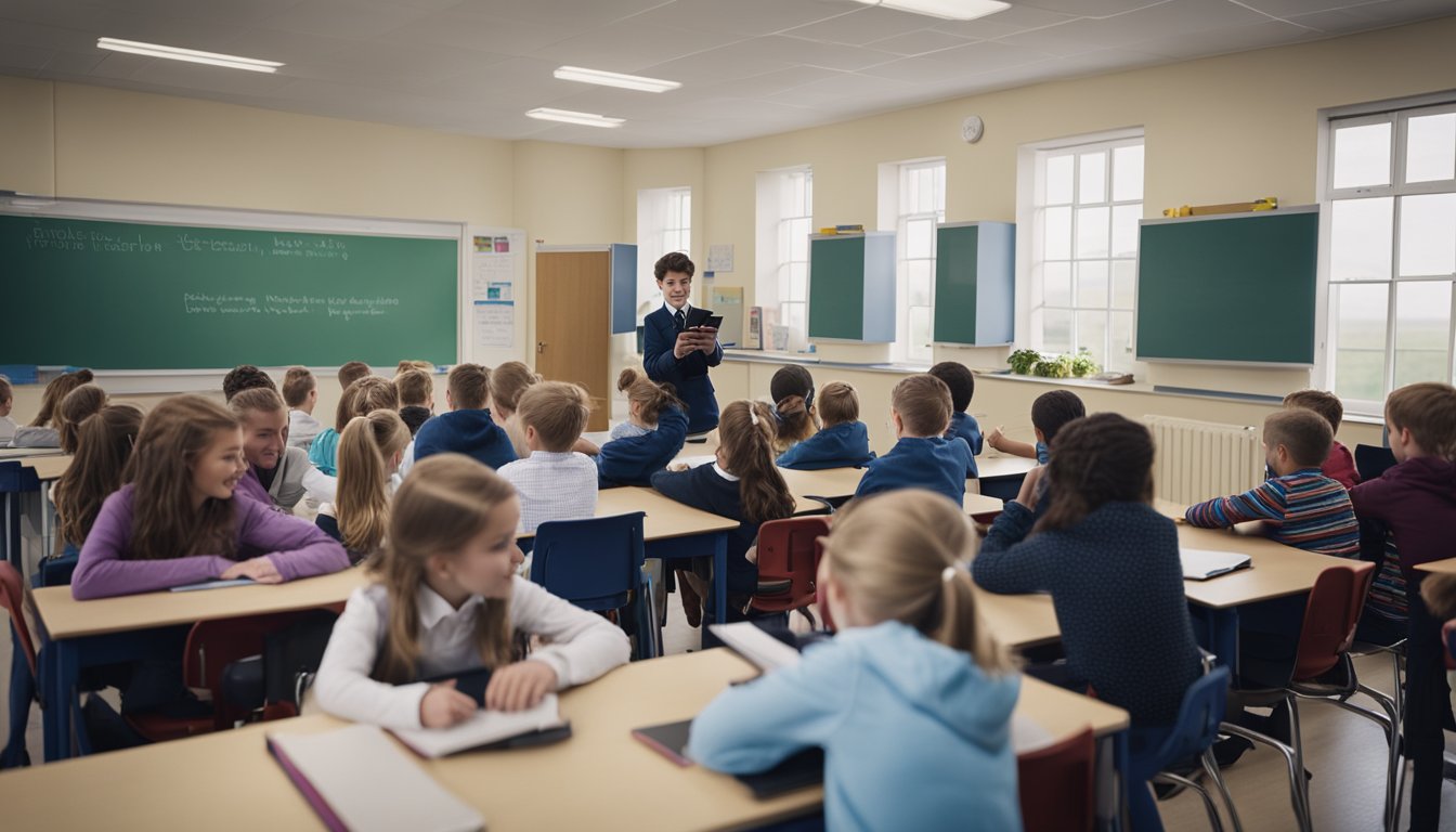 A rural UK school with students engaging in digital literacy activities, including using computers and tablets, while a teacher leads a discussion