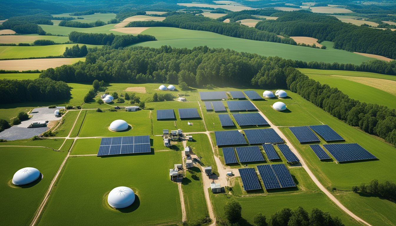 A rural landscape with modern digital infrastructure being installed, including fiber optic cables, solar panels, and satellite dishes