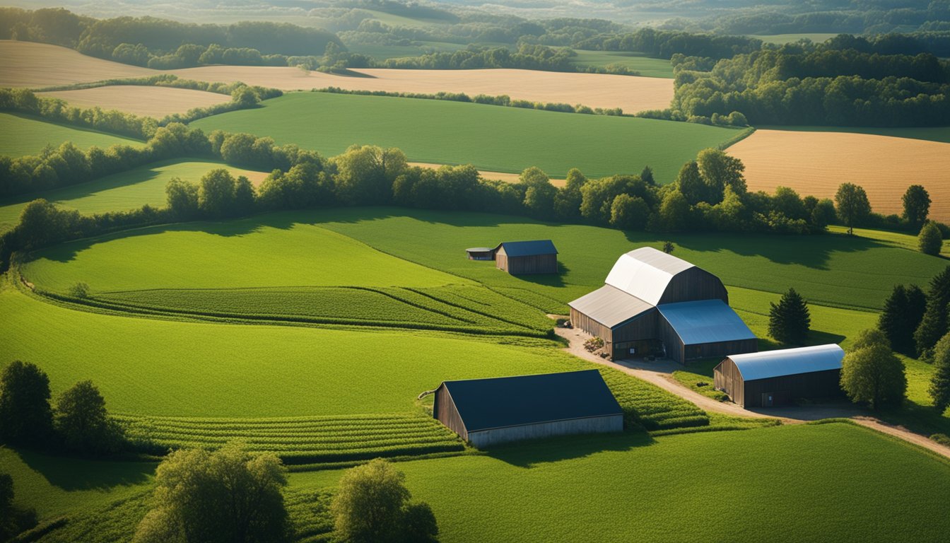 A rural landscape with fields, barns, and modern AI technology integrated into agricultural practices