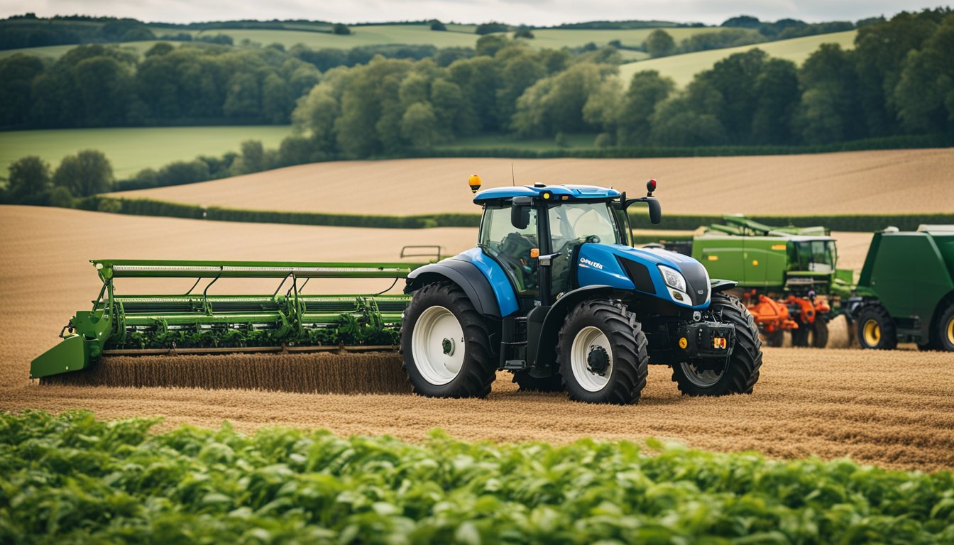 A rural UK farm with AI solutions in action, showcasing efficient agriculture practices with machinery and technology