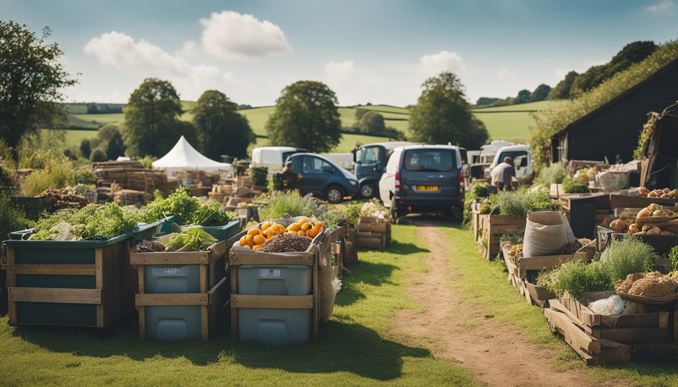 A rural UK landscape with farmers recycling and reusing materials, a community composting area, and a local market selling upcycled products