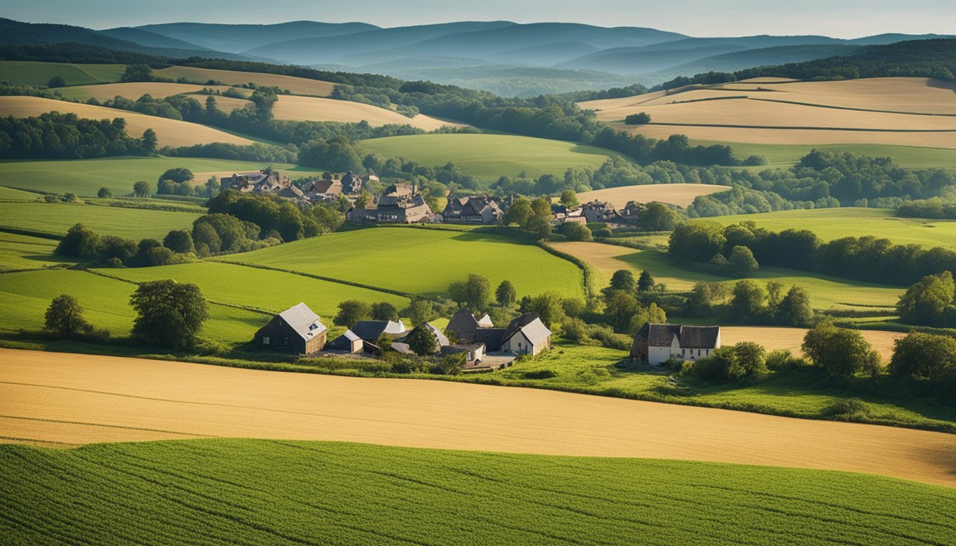 A rural landscape with fields, farms, and small villages. People are seen recycling, composting, and engaging in sustainable practices