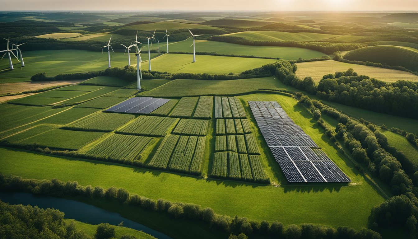 Lush green fields with diverse crops, wind turbines, and solar panels, surrounded by hedgerows and wildlife habitats