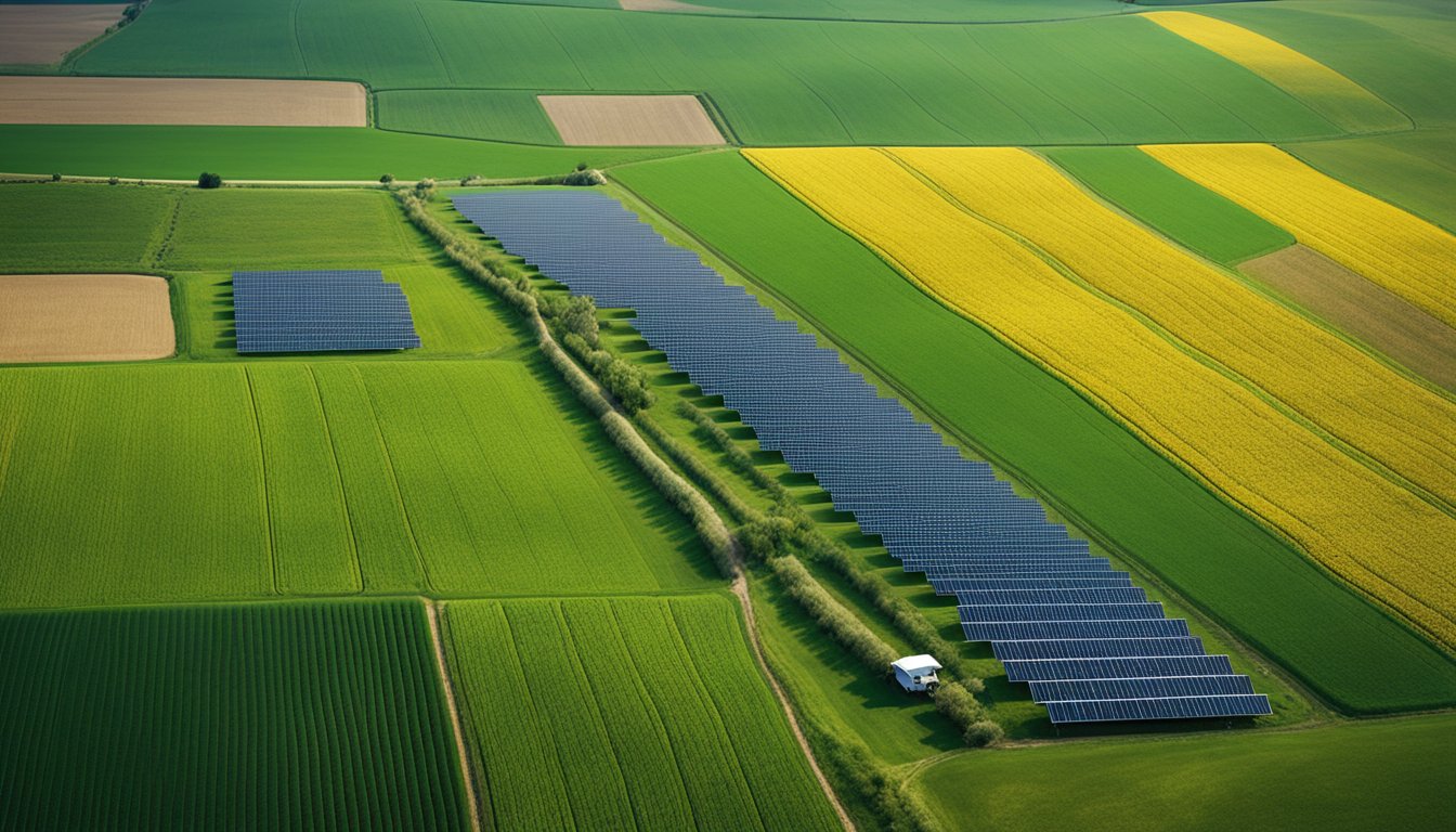 Rolling green hills dotted with wind turbines and solar panels. Fields of colorful crops and grazing livestock. A farmer tending to organic vegetable beds