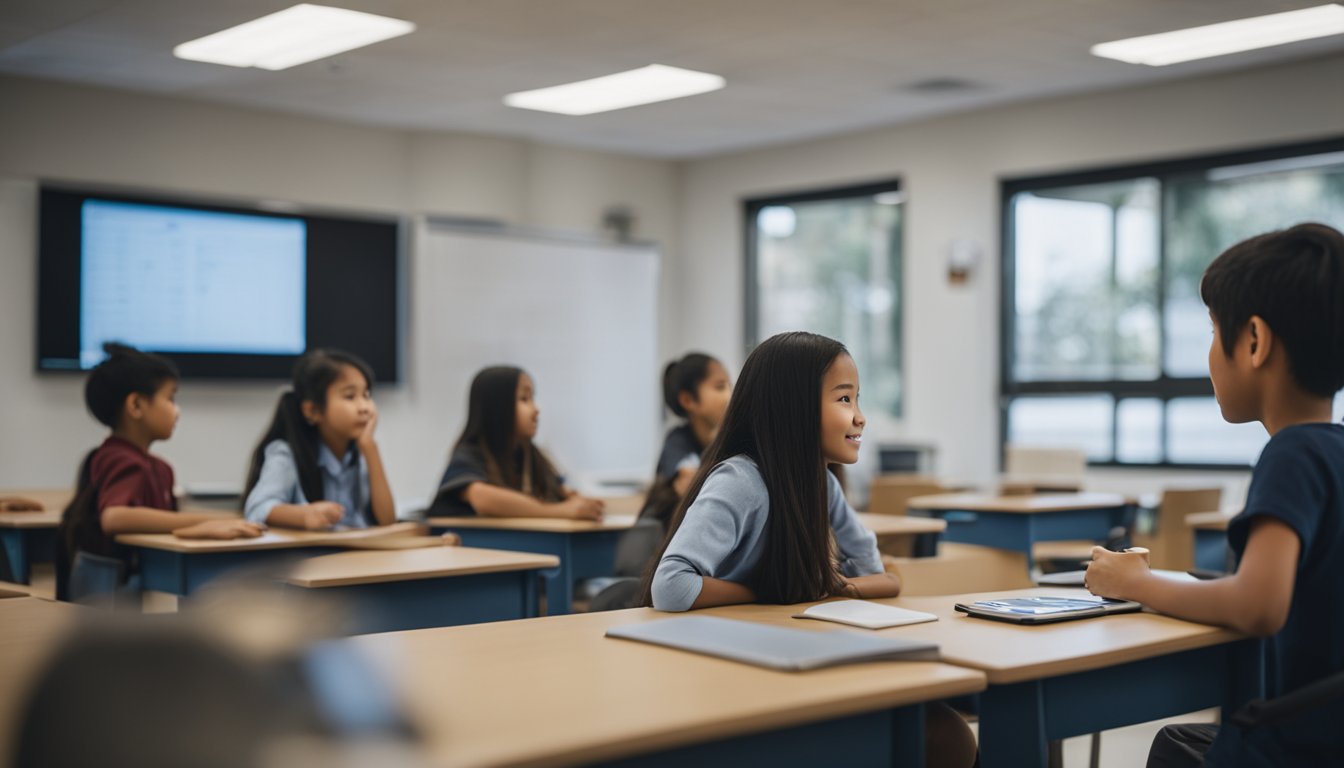 A rural classroom with AI technology integrated into teaching tools and students engaging with interactive learning materials