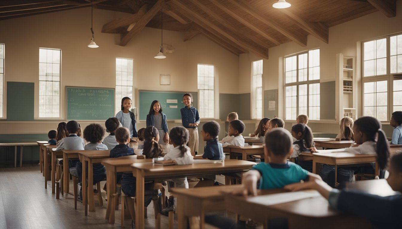 A rural schoolhouse with children and teachers interacting with AI technology, while stakeholders observe and discuss its impact on education