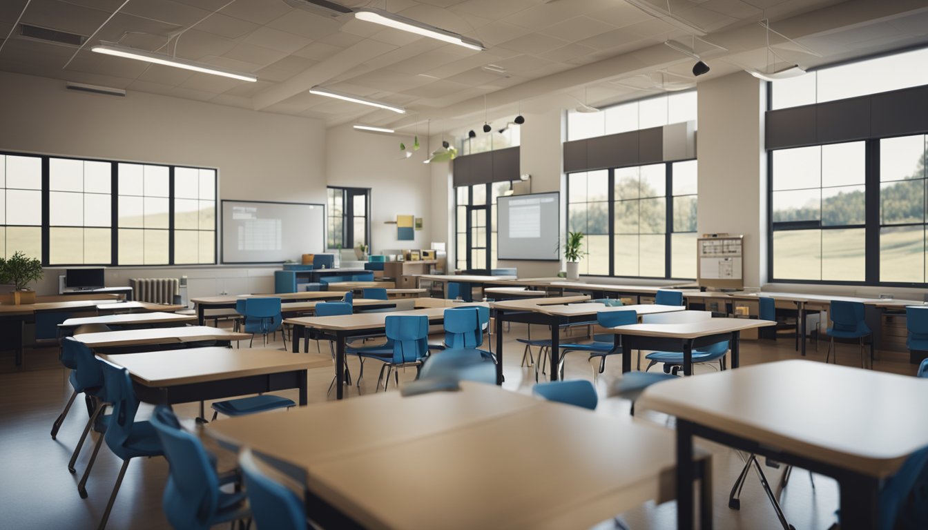 A rural school surrounded by rolling hills, with a modern AI system integrated into the classroom, students engaged in interactive learning activities