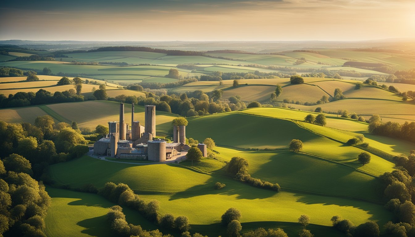An idyllic countryside landscape with modern technology towers and AI solutions seamlessly connecting rural areas in the UK