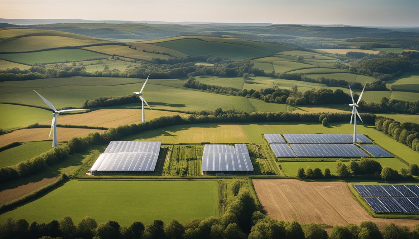 A rural UK landscape with wind turbines, solar panels, and greenhouses surrounded by fields and trees