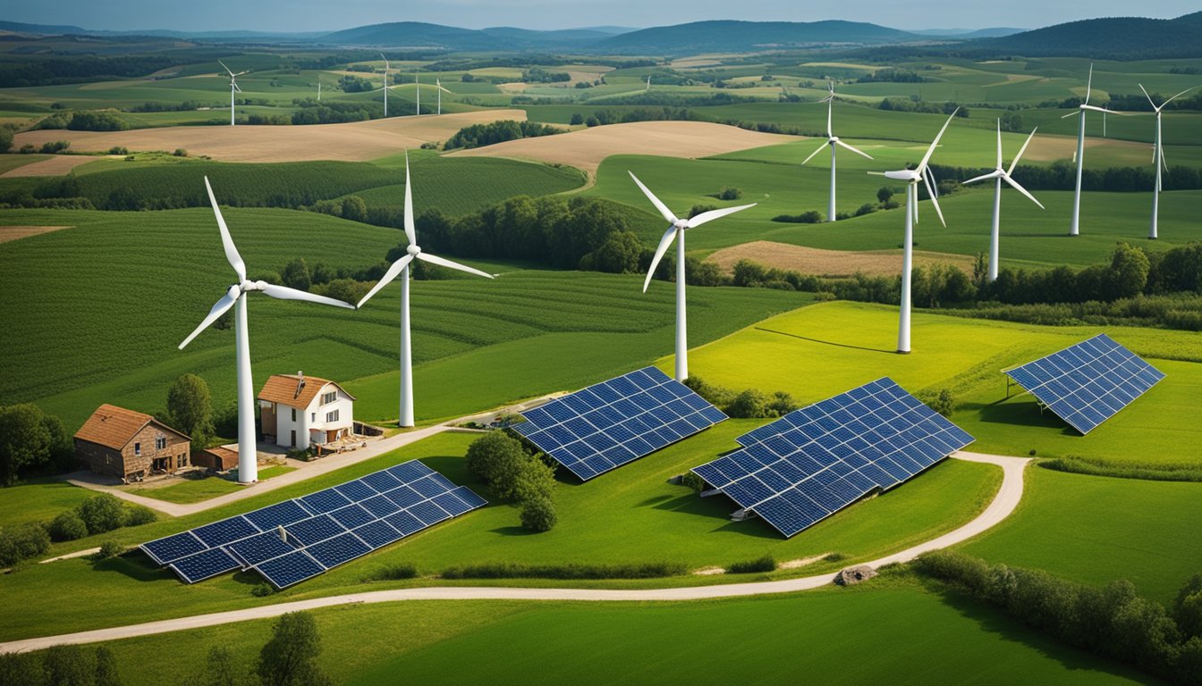 A rural landscape with wind turbines, solar panels, and sustainable farming practices. A small village with eco-friendly homes and electric vehicles
