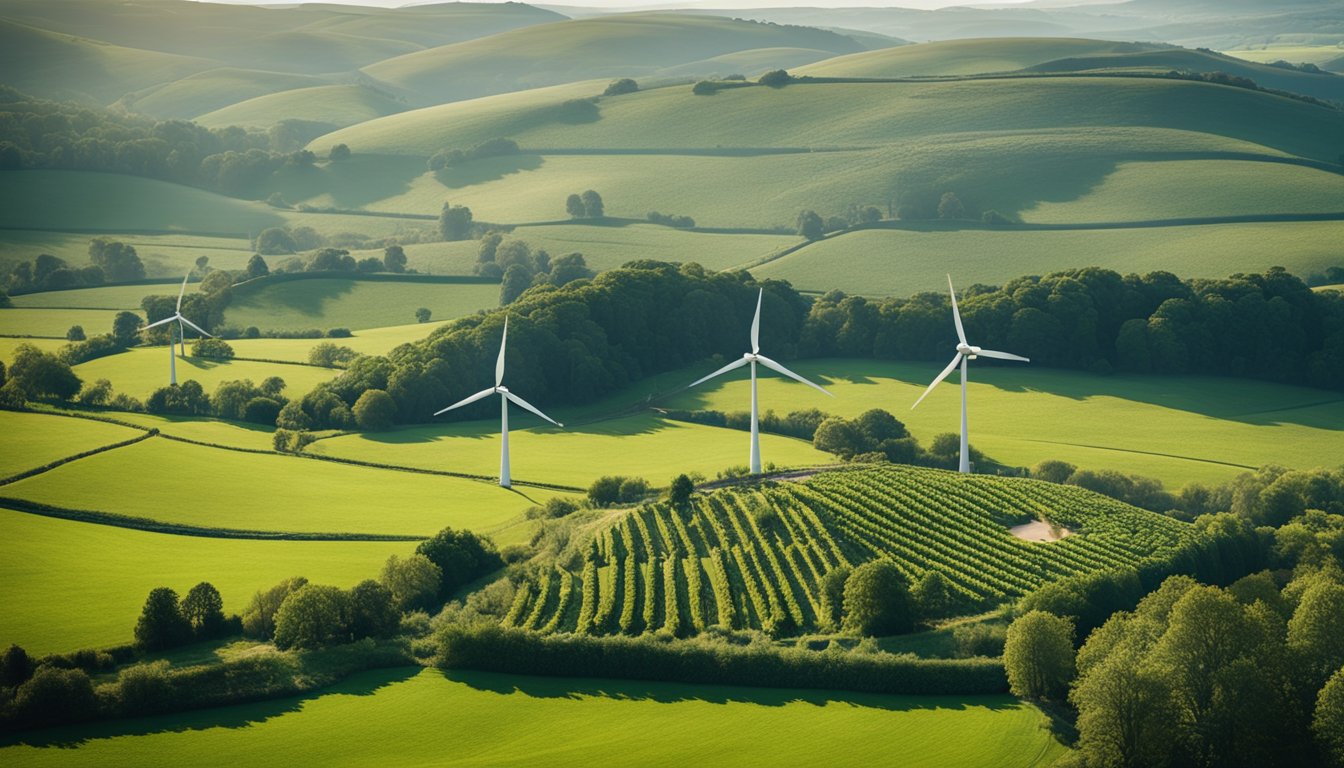 A rural UK landscape with wind turbines, solar panels, and greenery