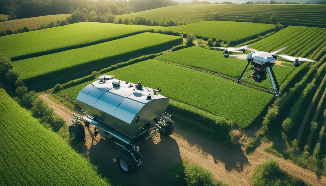 A lush, green farm with modern AI-powered machinery working alongside traditional tools. The sun shines down on the fields as drones and robots assist in sustainable farming practices