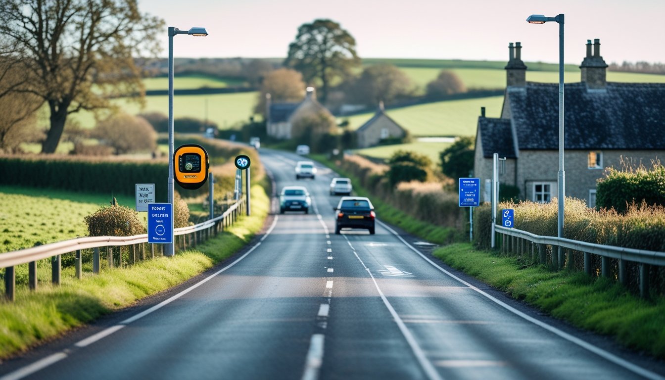A quiet rural UK road with modern traffic sensors and a few vehicles passing by, surrounded by green fields and traditional cottages.