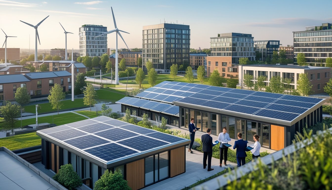 A city scene showing modern buildings with solar panels and wind turbines, with professionals discussing renewable energy projects outdoors.
