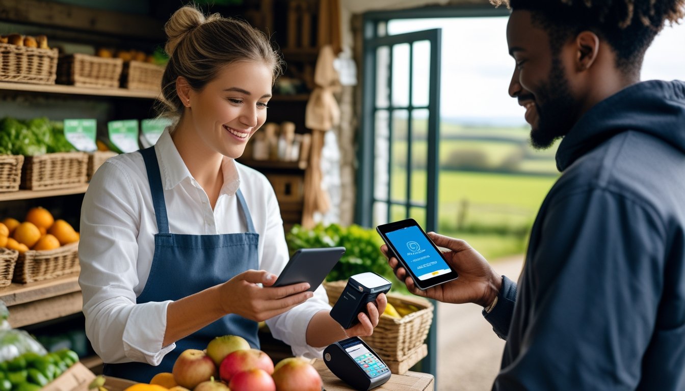 A shopkeeper in a rural UK market uses a tablet to process a digital payment from a customer holding a contactless card, with countryside scenery visible in the background.