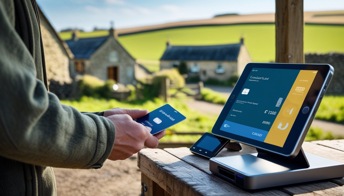 A rural UK shopkeeper using a tablet to accept a digital payment from a customer outside a village shop with green fields in the background.
