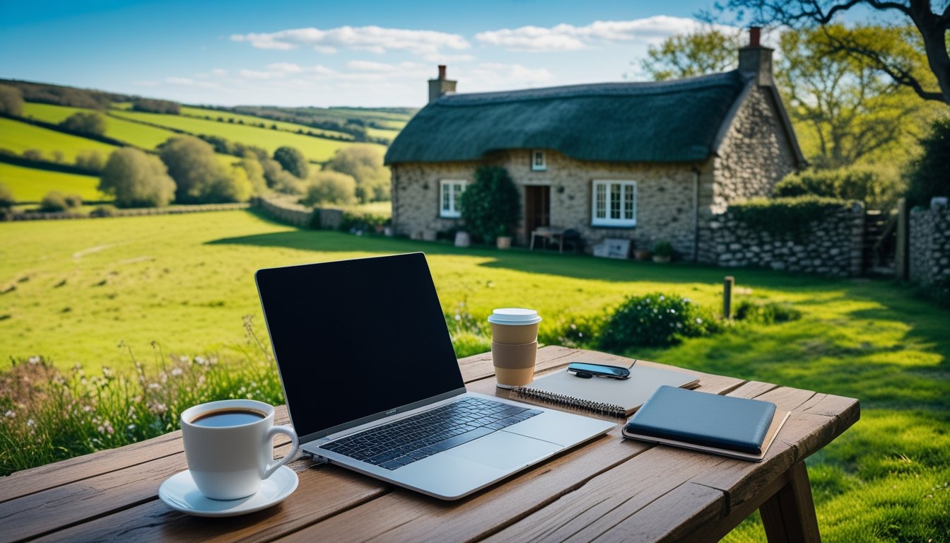 A laptop on a wooden table outdoors in a green rural area with rolling hills and a stone cottage in the background.