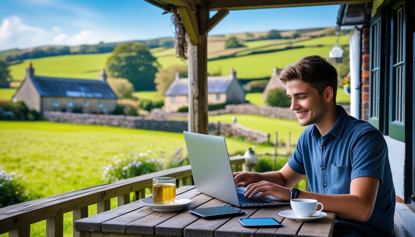 Person using a laptop outdoors on a farmhouse porch with green fields and cottages in the background.