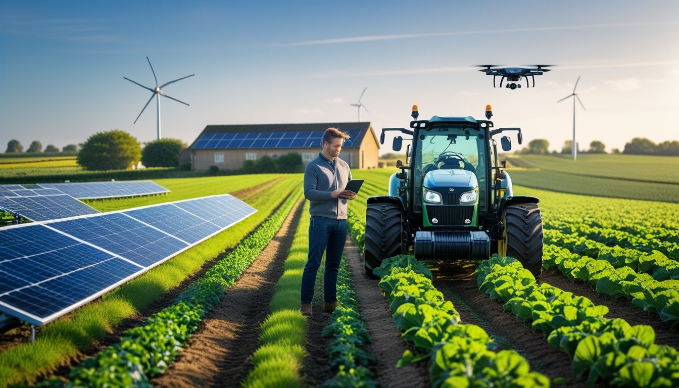 A farmer using a tablet next to an autonomous tractor in green fields with solar panels, wind turbines, a farmhouse, and a drone flying overhead.