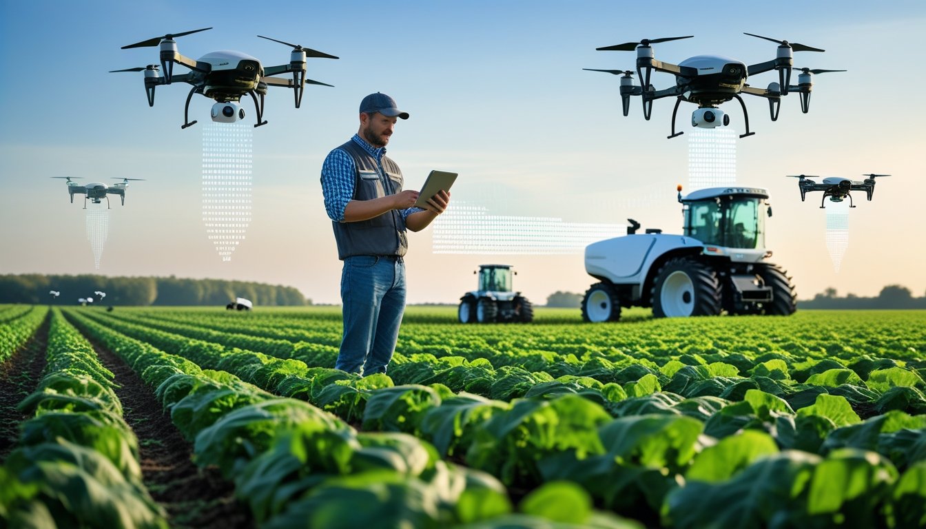 A farmer in a green field using a tablet with drones flying overhead and modern farming equipment in the background.