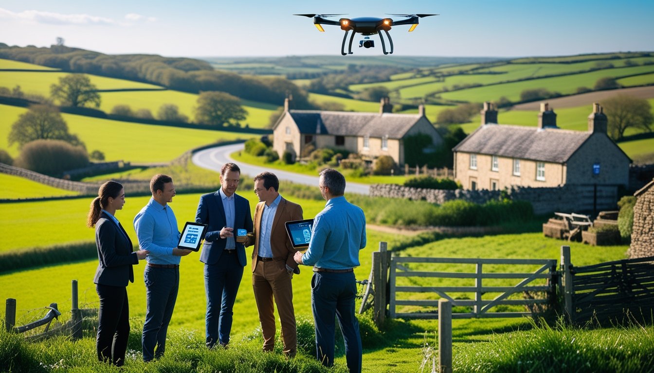 A group of people discussing technology in a green UK countryside with traditional cottages, a drone flying overhead, and communication equipment visible in the background.