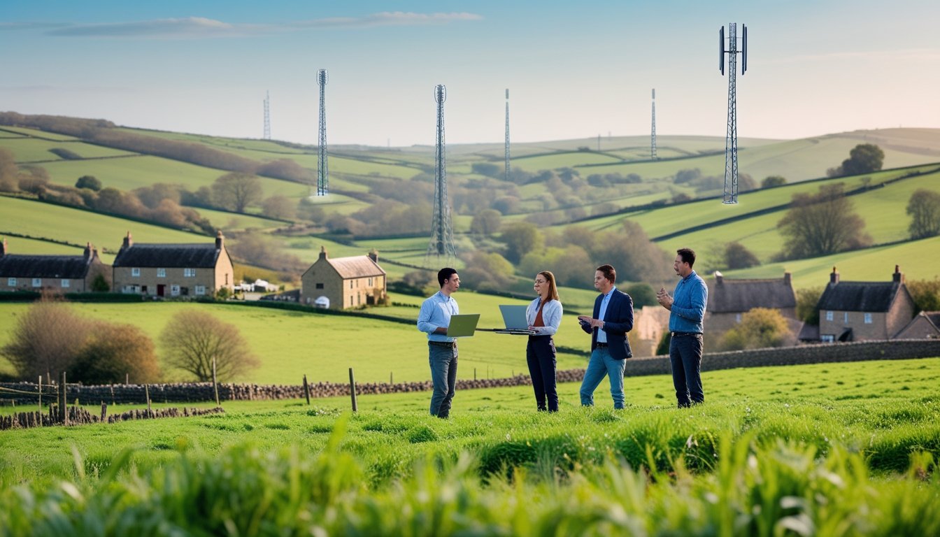 People discussing technology in a green UK countryside with cottages, hills, and communication towers in the background.