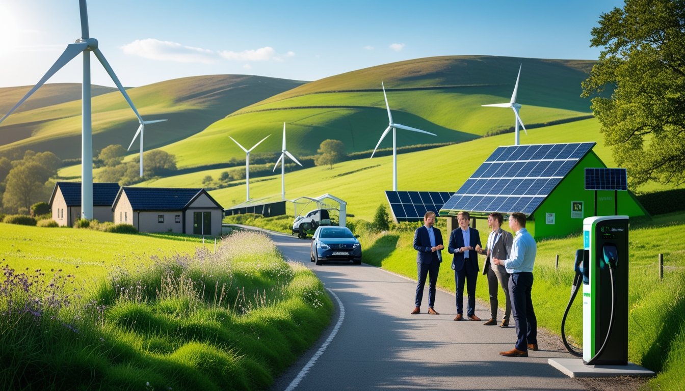 A group of people near an electric vehicle charging station in a green countryside with wind turbines, solar panels, and eco-friendly buildings.