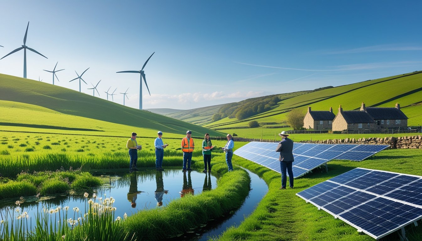 Rolling green hills in the UK countryside with wind turbines, solar panels, a pond with wildflowers, and people discussing sustainable farming.