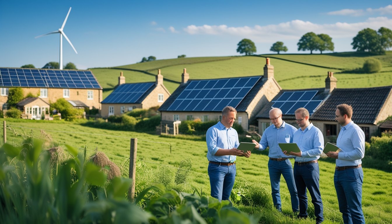 A rural UK landscape with cottages featuring solar panels, a wind turbine, and people discussing energy technology outdoors.