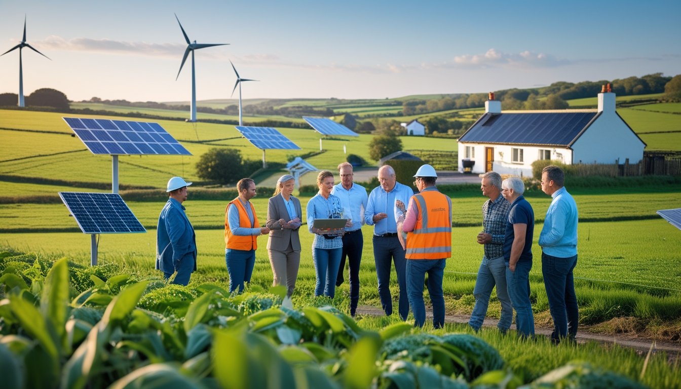 A group of people in a rural UK setting discussing energy data with solar panels and wind turbines visible on houses in the background.