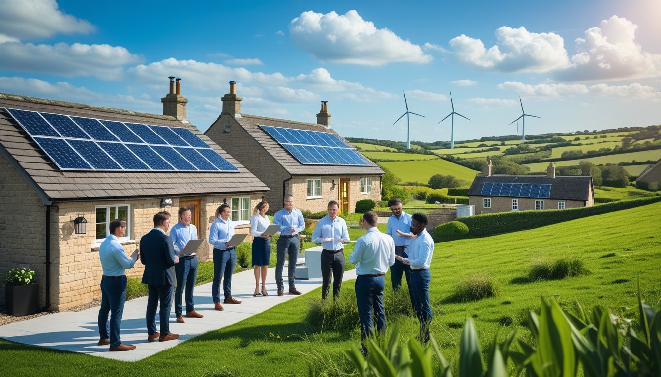 A group of professionals discussing rural energy solutions near cottages with solar panels and wind turbines in the background.