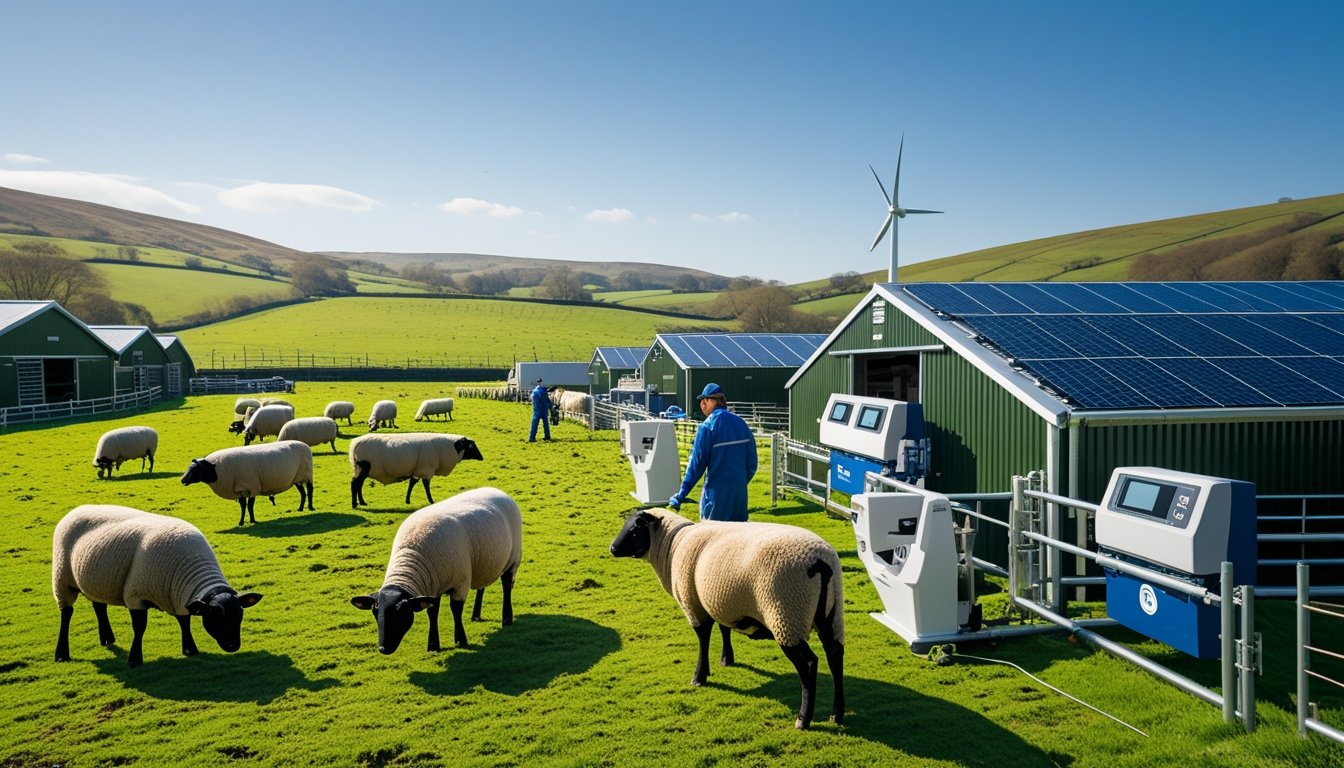 A UK countryside livestock farm with sheep and cows grazing, solar panels on barn roofs, a wind turbine, and farmers using modern farming equipment.